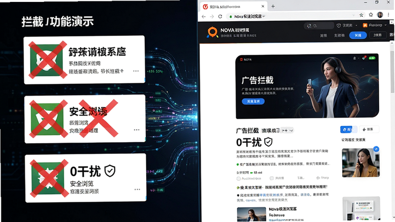 主体为Nova极速浏览器的广告拦截功能演示界面,布局分为左右两部分,左侧显示被拦截的广告图标和红色叉号,右侧显示干净的内容页面。风格为技术流写实风,细节展示数据流动效果,文字包含