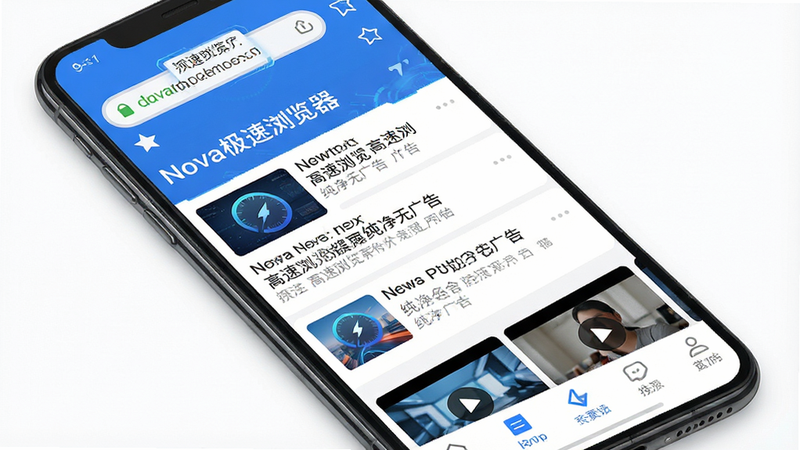 主体为Nova极速浏览器手机应用界面,布局清晰,顶部显示地址栏和书签,中间区域展示新闻列表和视频推荐,底部为导航栏。风格为现代扁平化设计,细节丰富,色彩以蓝色和白色为主,突出科技感。文字包含