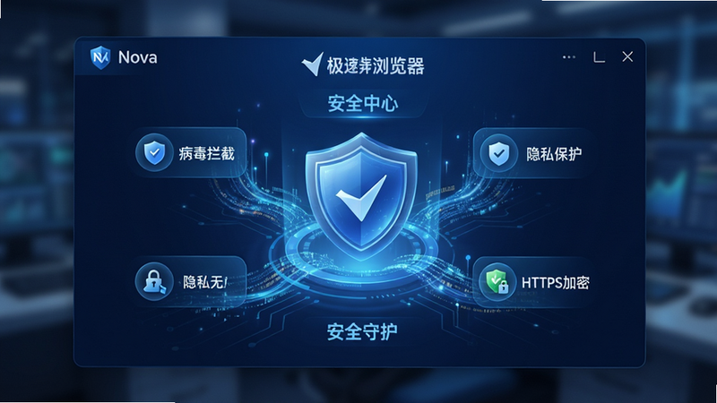 主体为Nova极速浏览器的安全中心界面,布局中心显示一个盾牌图标,周围环绕着“病毒拦截”、“隐私保护”、“HTTPS加密”等安全标识。风格为科技感蓝色调,细节展示数据加密流动的光效,文字包含