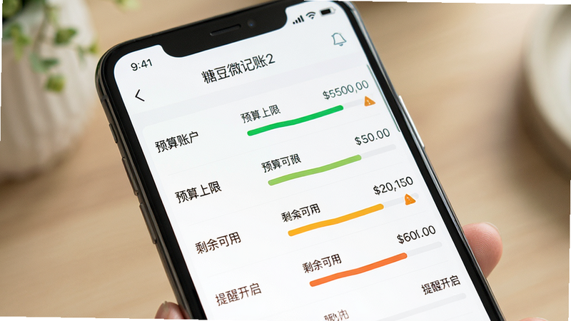 主体为手机设置界面,展示“糖豆微记账2”的预算设置页面,布局为列表形式,每行包含账户名称、预算金额及进度条,排版整齐有序,风格为清新自然风,细节处显示警示色进度条,画质细腻,背景柔和,文字内容包含“预算上限”、“剩余可用”、“提醒开启”