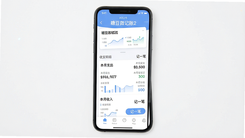 主体为手机屏幕展示“糖豆微记账2”应用界面,布局清晰简洁,顶部显示月份收支概况,中部为收支明细列表,底部为导航栏,风格为扁平化现代UI设计,色彩柔和以蓝白为主,细节处体现数据图表元素,画质高清,背景干净无多余元素,文字内容包含“本月支出”、“本月收入”、“记一笔”