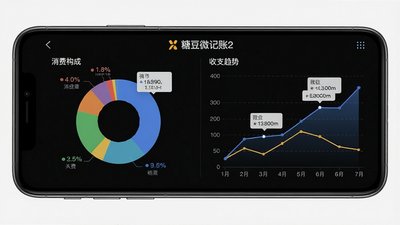 主体为手机屏幕上的数据可视化界面,展示“糖豆微记账2”的统计图表,布局左右分栏,左侧为饼图展示占比,右侧为折线图展示趋势,排版对称美观,风格为商务简约风,细节处有数据标签悬浮显示,画质高分辨率,背景为纯白色,文字内容包含“消费构成”、“收支趋势”