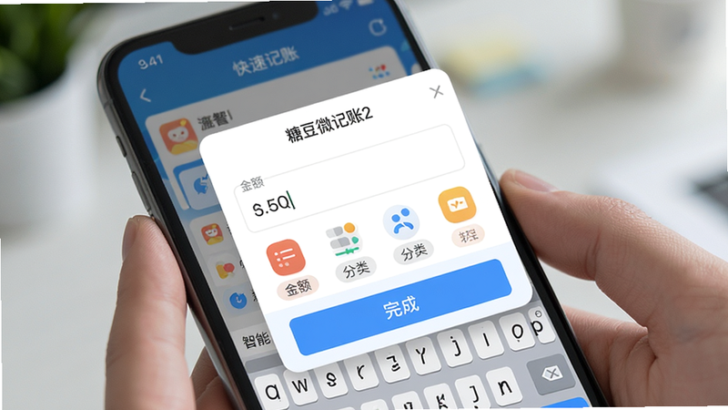 主体为手机应用操作界面,展示“糖豆微记账2”的快速记账弹窗,布局聚焦于输入框和分类图标,排版紧凑合理,风格为科技感与实用主义结合,细节展示键盘弹出状态及智能推荐标签,画质清晰,背景虚化处理,文字内容包含“金额”、“分类”、“完成”
