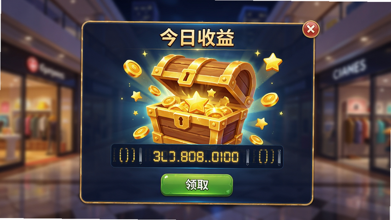 主体是游戏内的每日结算界面,布局为居中弹窗样式。背景是模糊的商场夜景。弹窗中央有一个金色的宝箱正在打开,喷出金币和星星特效。排版上,上方显示