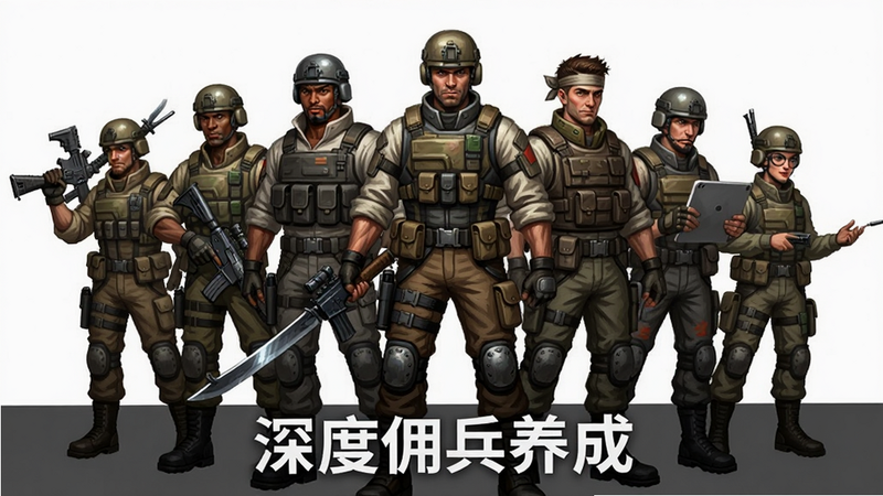 主体为多名不同职业佣兵角色集合展示,布局呈扇形排列,排版突出角色职业特征,风格为角色立绘集合,细节展现武器质感与服饰纹理,画质精细,干净,无多余元素,文字