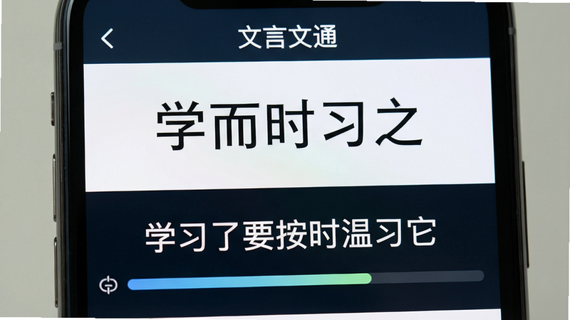 主体为手机屏幕特写,展示“文言文通”的翻译界面,上半部分显示古文“学而时习之”,下半部分显示对应翻译“学习了要按时温习它”,布局上下分栏,排版对称,风格科技感与人文感结合,细节显示翻译置信度进度条,画质清晰,无多余水印,文字“文言文通”位于顶部标题栏
