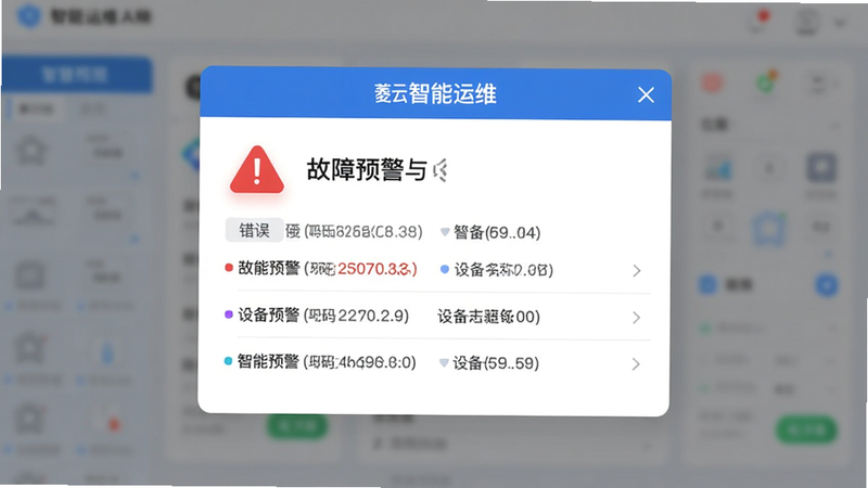 主体为菱云智慧运维App的故障预警弹窗,布局居中,背景为半透明模糊处理,前景为一个醒目的红色警告图标和文字列表,排版紧凑,风格为现代UI设计,细节包含具体的错误代码和设备名称,画质高保真,干净,无多余元素,文字标签为