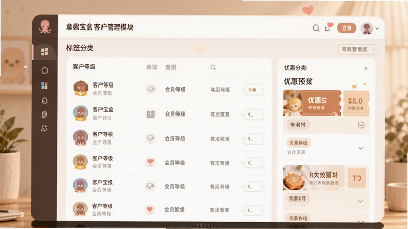 ����Ϊ���㱦�пͻ�����ģ����棬����չʾ�ͻ��б����ǩ���࣬�Ű���ܰ�׺ͣ�Ӫ�����ϸ�ڰ�����Ա�ȼ�ͼ�����Ż�ȯԤ����Ƭ��������ͣ��ɾ��޶���Ԫ��