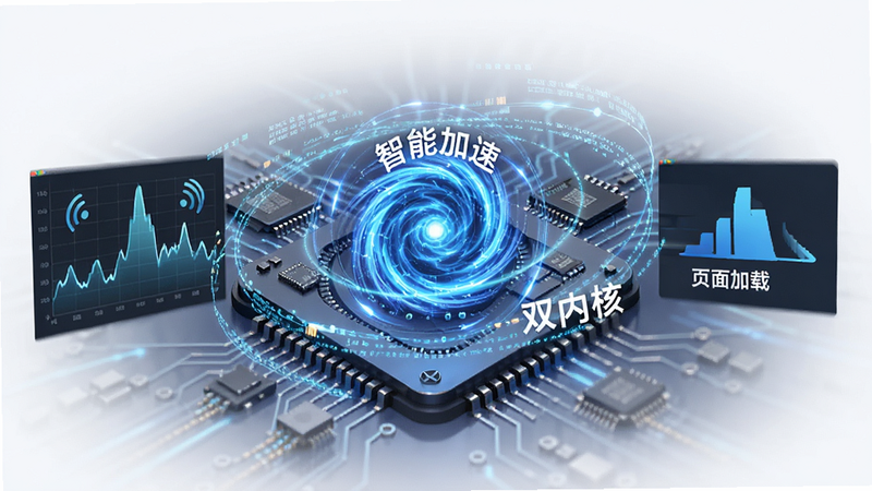 主体为Nova极速浏览器加速引擎概念图,布局中心为旋转的蓝色能量核心,周围环绕数据流线条,左侧显示网络信号波动图,右侧显示页面加载速度快进效果,风格科技抽象,细节包含芯片纹理与光效,画质精细,干净,无多余元素,文字内容: