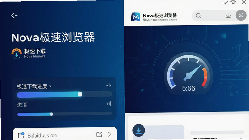 主体为Nova极速浏览器手机应用界面,布局简洁现代,左侧显示极速下载进度条,右侧展示清晰网页排版,顶部有品牌Logo,背景为深蓝色科技感渐变,风格扁平化,细节包含速度仪表盘图标,画质高清,干净,无多余元素,文字内容: