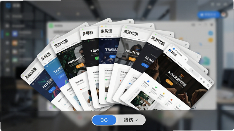 主体为Nova极速浏览器多标签页界面,布局呈扇形展开多个标签卡片,每个卡片显示不同网站缩略图,底部有清晰的切换按钮,背景虚化,风格清爽商务,细节包含标签页阴影与悬浮效果,画质高,干净,无多余元素,文字内容: