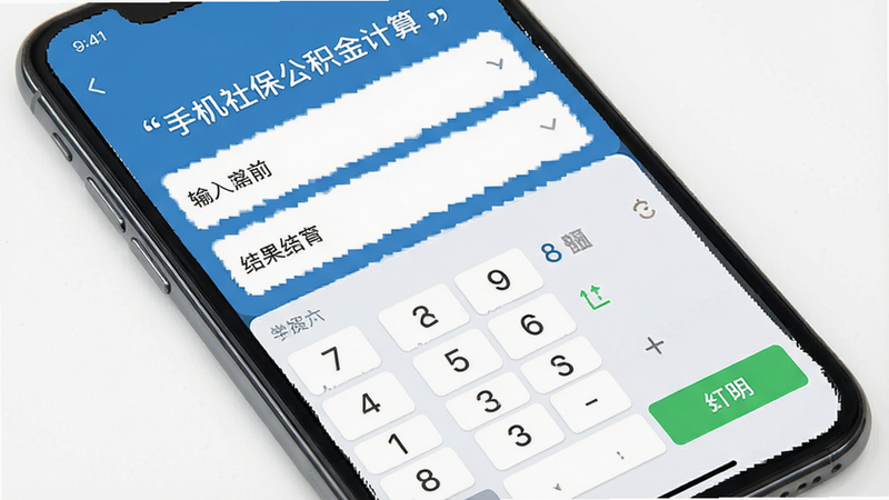 主体为手机屏幕特写,显示“手机社保公积金计算”APP界面,布局清晰分为输入区与结果区,排版简洁现代,风格扁平化商务蓝,细节展示数字键盘与绿色确认按钮,画质高清,干净无多余元素,文字加引号“手机社保公积金计算”