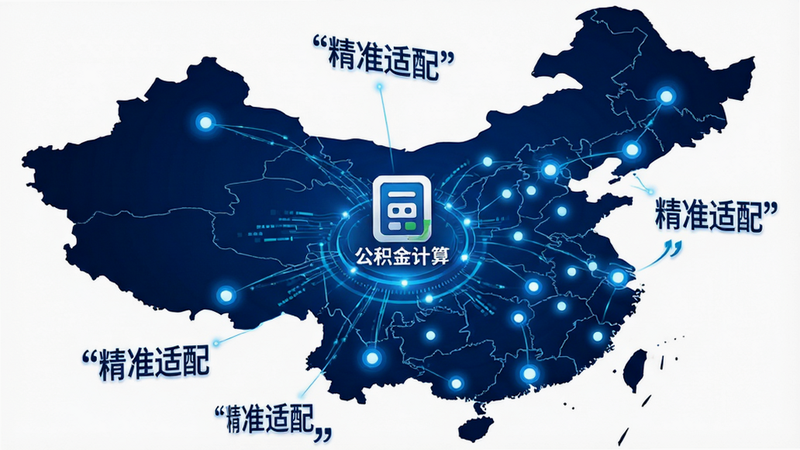 主体为全国地图轮廓背景,高亮显示多个城市节点,布局中心聚焦“手机社保公积金计算”Logo,排版辐射状连接各地数据,风格科技感深蓝,细节包含数据流线条,画质4K,干净无杂质,文字加引号“精准适配”