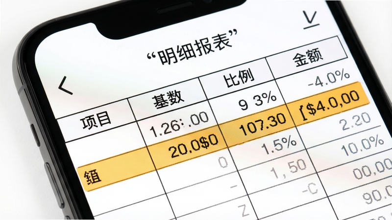 主体为手机屏幕显示表格,表头包含“项目”“基数”“比例”“金额”,布局整齐有序,排版专业财务风格,细节高亮当前行数据,风格简约白底黑字,画质清晰锐利,干净无水印,文字加引号“明细报表”
