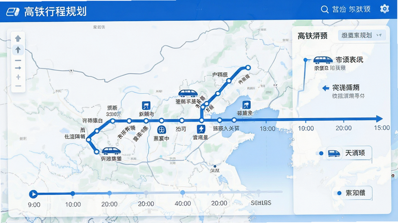 高铁行程规划界面,主体为地图路线与时间轴结合,布局直观,风格科技感蓝白配色,细节标注中转站图标,画质细腻,干净,无多余元素