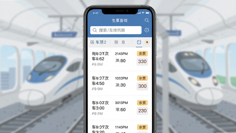 主体为高铁火车票查询App的手机界面截图,布局清晰展示搜索栏和列车列表,排版整齐,风格扁平化商务风,细节包含车次、时间、余票数字,画质高清,干净,无多余元素