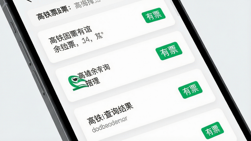 手机屏幕显示高铁余票查询结果列表,主体为白色背景卡片式布局,排版紧凑,风格现代简约,细节高亮显示“有票”绿色标签,画质清晰,干净,无多余元素