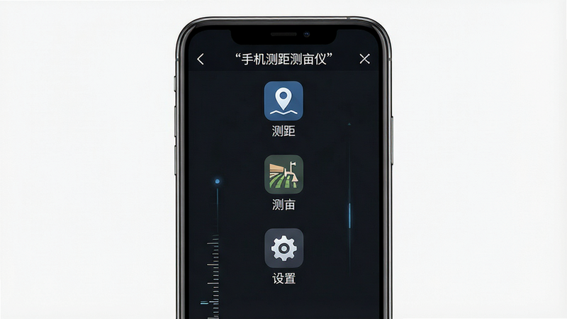 手机测距测亩仪APP界面全景展示,主体为深色背景下的应用主菜单,布局清晰包含“测距”、“测亩”、“设置”三个核心图标,排版居中对称,风格简约科技感,细节显示高精度刻度尺与地图定位图标,画质4k高清,干净无多余元素,文字“手机测距测亩仪”加引号居中显示