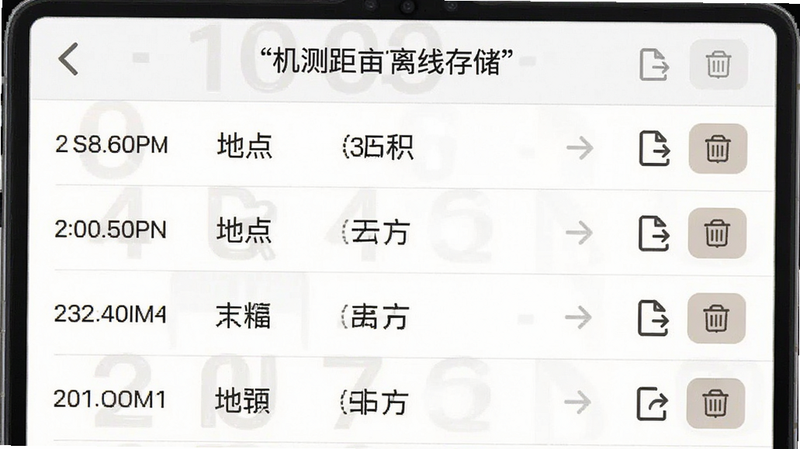 手机测距测亩仪数据记录列表,主体为白色背景的列表界面,布局展示多条历史测量记录,排版整齐显示时间、地点与面积数据,风格简洁商务风,细节呈现文件导出图标与删除按钮,画质纯净简洁,干净无多余装饰,文字“离线存储”加引号显示