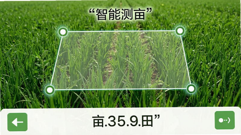 手机测距测亩仪测亩功能界面,主体为绿色农田背景上的多边形选择界面,布局显示四个顶点标记与连接线条,排版下方显示亩数计算结果,风格农业实用风,细节展示土地纹理与定位点光效,画质自然明亮,干净无遮挡,文字“智能测亩”加引号标注