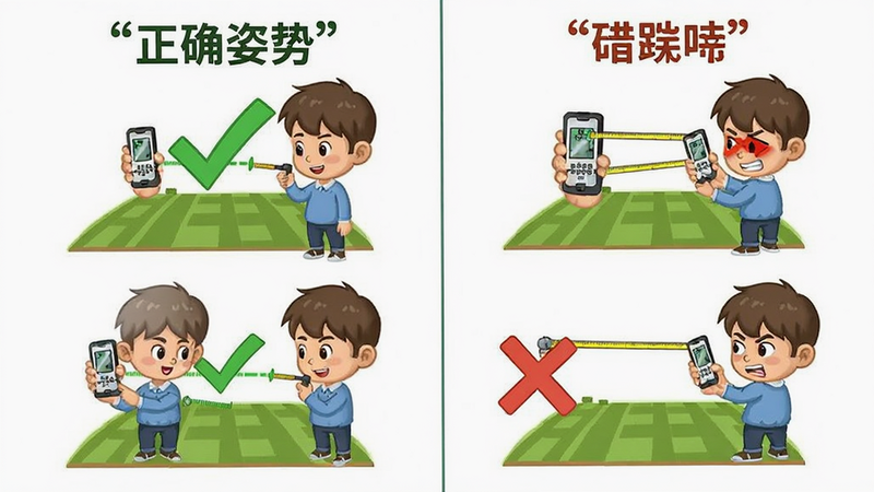 手机测距测亩仪使用注意事项图解,主体为卡通风格人物手持手机测量,布局展示三个正确姿势与错误姿势对比,排版左右分栏,风格轻松教育风,细节展示对勾与叉号标识,画质卡通清晰,干净无背景噪音,文字“正确姿势”加引号标注