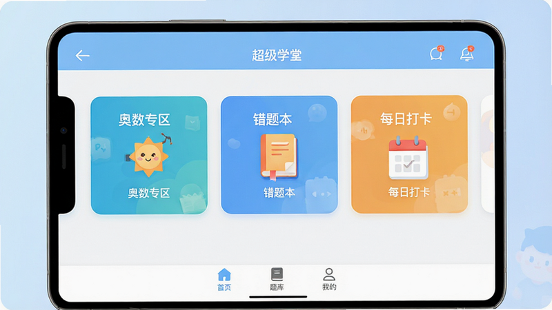 ����Ϊһ�Ÿ������������ȫ��ͼ������Ϊ��͵�ǳ��ɫ���䣬����չʾ������ѧ�á�APP�������棬���������������ɼ����м��������������ר�����������Ȿ������ÿ�մ򿨡�������Ҫ����ģ�鿨Ƭ���ײ�Ϊ��ҳ����⡢�ҵ�����ͼ�꣬�������ƽ�����ִ���Լ��ɫ���������죬���������ɶ����޶���װ�Σ�����1080p���ɾ�