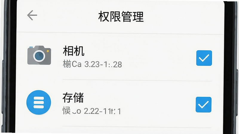 手机设置界面示意图,显示“权限管理”页面,其中“相机”和“存储”权限被勾选,背景为安卓风格,图标清晰,排版整齐,画质高,无多余装饰