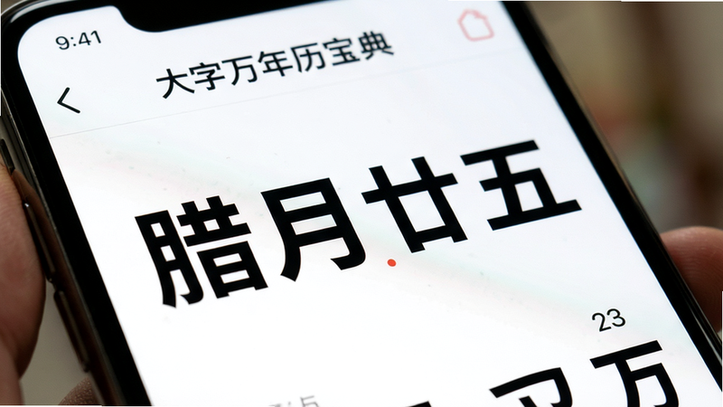 特写镜头展示手机屏幕上的“大字万年历宝典”界面,焦点集中在巨大的农历日期“腊月廿五”上,字体粗壮清晰,周围留白充足,背景虚化,突出文字的易读性和大字号特征,风格写实,细节丰富,高质量摄影质感