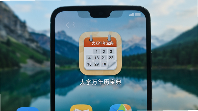 展示一部Android智能手机的桌面,图标清晰显示“大字万年历宝典”APP,图标设计简洁,带有日历元素,背景为模糊的自然风景,突出手机屏幕的清晰度和应用的便捷性,风格生活化,真实感强