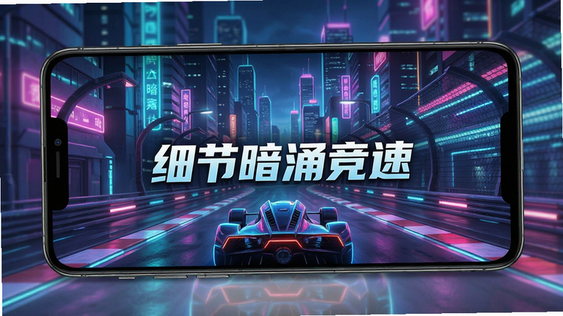 一张高清晰度的安卓手机界面展示图,屏幕中央是《细节暗涌竞速》的游戏主菜单,背景是霓虹闪烁的未来城市赛道,画面色彩鲜艳,主体突出,布局居中,排版整洁,风格为现代科技感,细节丰富,画质4k,干净,无多余元素,文字内容为“细节暗涌竞速”