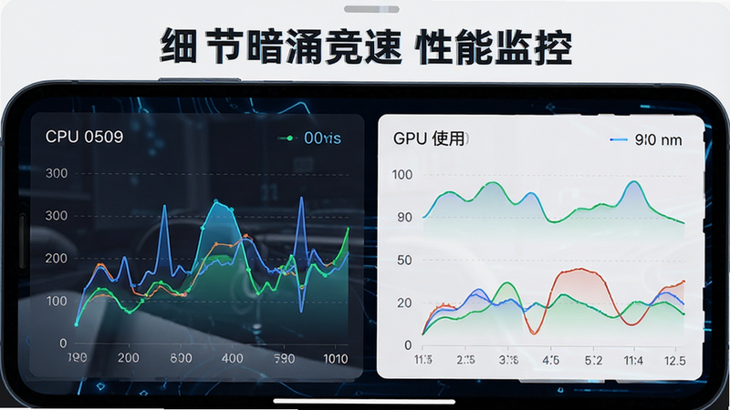 手机性能监控界面截图,显示CPU和GPU使用率,主体为数据图表,布局左右分布,排版清晰,风格科技风,细节如数值清晰,画质高清,干净,无多余元素,文字内容为“细节暗涌竞速 性能监控”