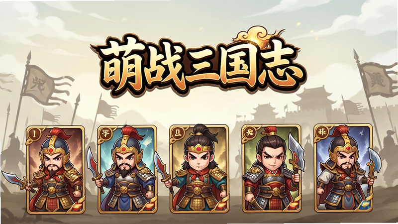 主体为《萌战三国志》游戏主界面展示,布局采用居中构图,上方显示游戏Logo,下方排列Q版三国武将角色卡牌,背景为淡雅的古代战场剪影,风格为日系二次元动漫风,细节包含精致的角色服饰纹理与光影效果,画质高清细腻,干净无多余元素,文字
