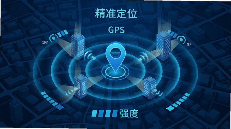 ����һ�ż���ʾ��ͼ������ΪGPS�źŲ��Ƹ��ǳ��е�ͼ����������Ϊ��λͼ�꣬�Ű���Χ�����ź�ǿ��ָʾ�������Ϊ�Ƽ�������ϸ��չʾ�źŴ�͸������Ч�������ʴ������޶���Ԫ�أ����֡���׼��λ��
