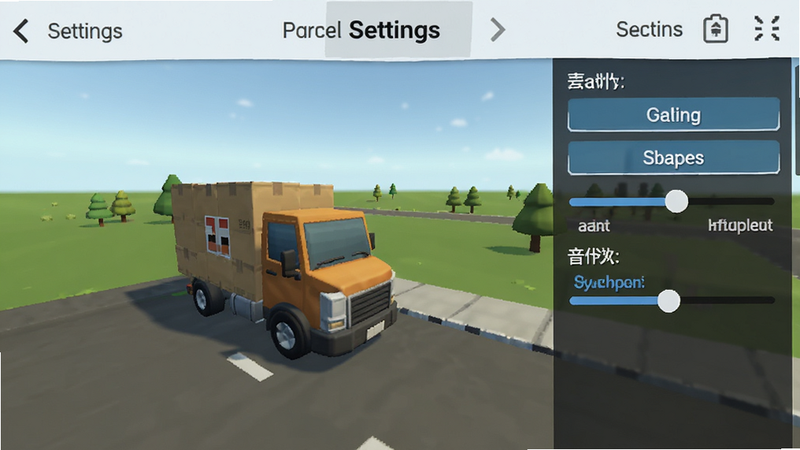 主体为Parcel Delivery Simulator 3D游戏设置界面,布局右侧显示画质与音效滑块,排版整洁,风格简约UI,细节清晰展示选项按钮,画质高清,干净背景,文字