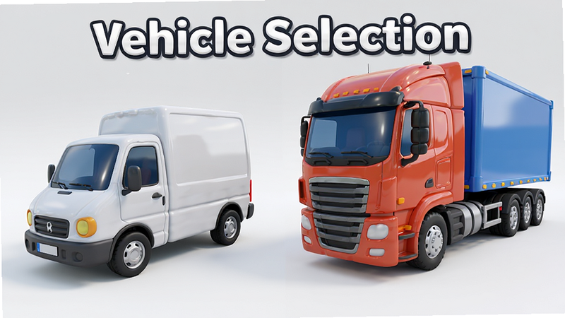 主体为Parcel Delivery Simulator 3D多款车辆展示,布局左侧为小型货车,右侧为重型卡车,排版并列对比,风格明亮卡通3D,细节展现车轮与车身光泽,画质精致,干净背景,文字