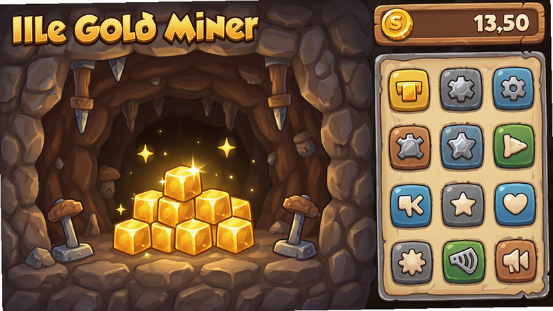 主体为 Idle Gold Miner 游戏主界面截图,布局清晰展示左侧矿洞深处金块闪烁、右侧控制面板按钮及顶部金币计数器,排版整洁有序,风格为明亮温馨的卡通 2D 渲染,细节呈现岩石纹理与金属光泽,画质高清 4k,干净无多余水印元素
