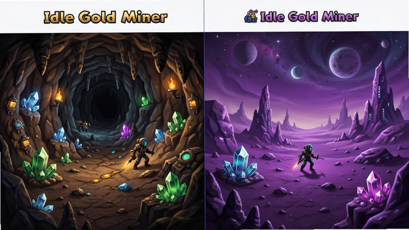 主体展示 Idle Gold Miner 不同场景对比,布局左右分屏,左侧为地下岩石洞穴,右侧为紫色外星地表,排版对称平衡,风格为奇幻科幻色彩,细节呈现不同地质纹理与发光矿石,画质绚丽多彩,干净无多余装饰