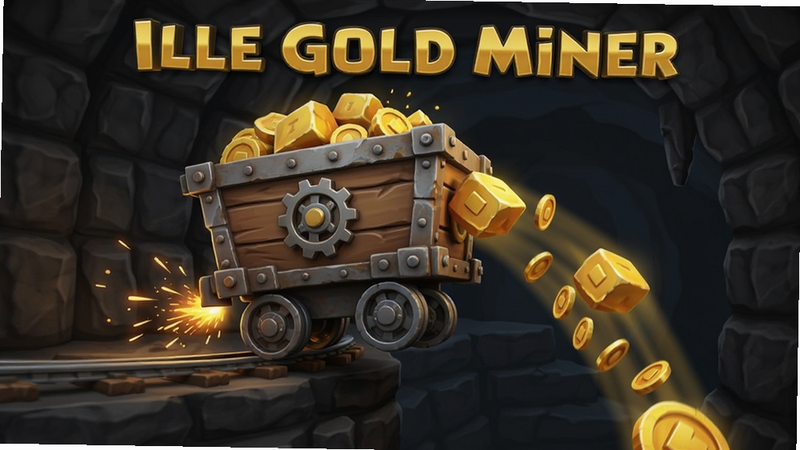 主体展示 Idle Gold Miner 中矿车自动挖掘金块的动态瞬间,布局聚焦于矿洞中心,背景为深色岩石层,排版突出矿车机械结构与金块掉落轨迹,风格为写实与卡通结合,细节强调火花飞溅与金币滚动效果,画质清晰锐利,干净无杂乱背景