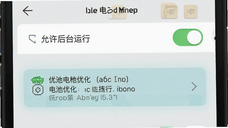 主体为 Idle Gold Miner 手机后台设置界面示意图,布局展示“允许后台运行”开关处于开启状态,排版简洁明了,风格为系统原生 UI 设计,细节高亮显示电池优化选项,画质清晰,干净无其他应用干扰