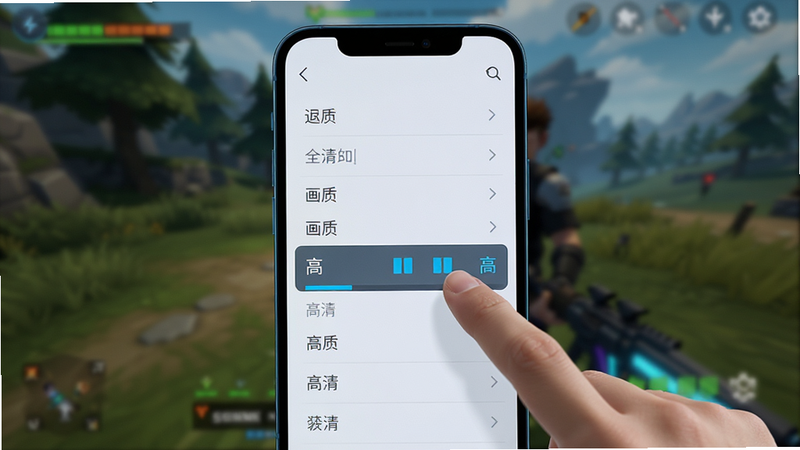 主体:一部智能手机屏幕显示游戏设置界面,背景是模糊的游戏画面,布局:手机居中,屏幕清晰可见,排版:设置列表项清晰,风格:科技感,扁平UI,细节:手指正在点击“画质”选项,画质为“高”,画质:高清,干净,无多余元素