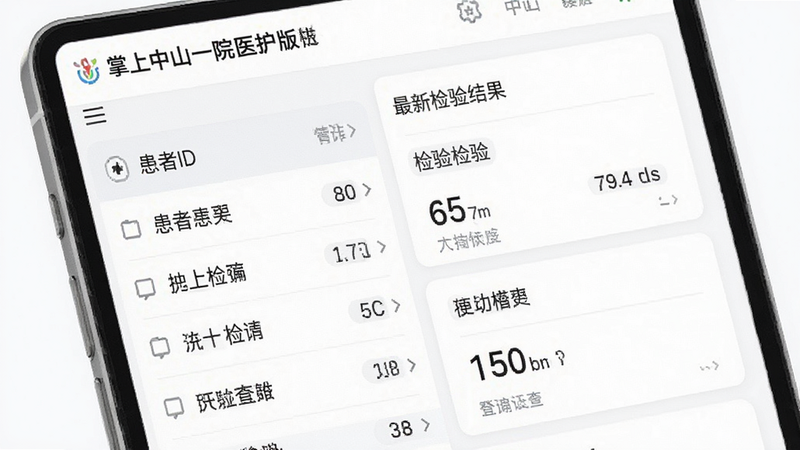 主体为“掌上中山一院医护版”数据查询界面特写,布局为列表与卡片式结合,背景白色简洁,排版整齐,风格为专业医疗软件风格,细节显示患者ID、最新检验结果数值,文字清晰,画质锐利,干净,无多余元素