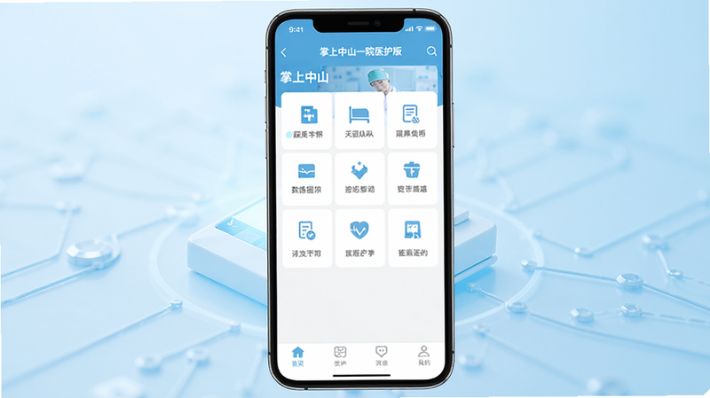 主体为“掌上中山一院医护版”手机应用界面全景图,布局采用竖屏手机模型居中展示,背景为淡蓝色医疗科技风渐变,排版简洁清晰,风格为扁平化UI设计,细节包含顶部状态栏、底部导航栏及中间功能网格,画质高清,干净,无多余元素