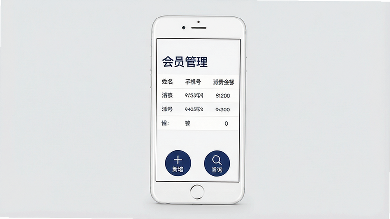 一部白色智能手机竖立在浅灰色背景上,屏幕显示着“简易会员”APP的主界面,界面风格极简,白色底色搭配深蓝色按钮,顶部有“会员管理”大标题,中间是清晰的列表布局,包含姓名、手机号、消费金额等字段,底部有“新增”和“查询”两个大图标,整体画面干净、无多余元素,高分辨率,现代扁平化设计风格