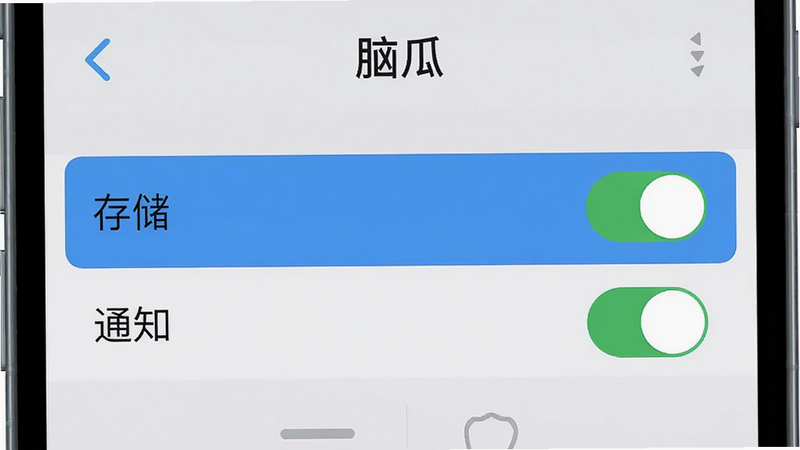 手机设置界面示意图,显示“脑瓜”应用的权限管理页面,高亮显示“存储”和“通知”权限开关,背景为浅灰色,文字清晰,风格简约,无水印,高清画质