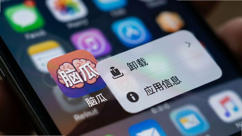 手机桌面界面,显示“脑瓜”应用图标被手指长按,弹出“卸载”和“应用信息”选项菜单,背景虚化,焦点清晰,风格写实,高清细节