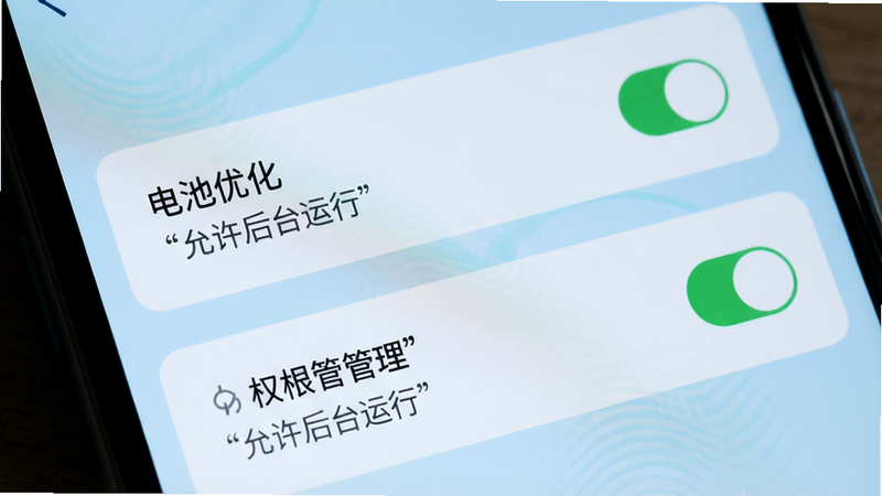 主体为手机设置界面,显示电池优化和权限管理选项,背景为浅蓝色,布局清晰,风格为系统原生UI,细节处有开关按钮图标,画质清晰,干净,无多余元素,文字加引号“允许后台运行”