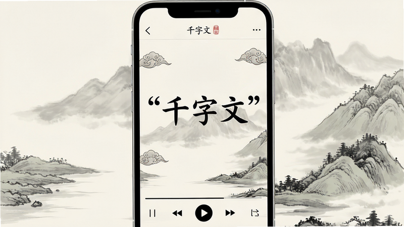 主体为一部现代智能手机,屏幕中央显示“千字文”应用界面,背景为淡雅的水墨山水画风格,布局清晰,包含顶部导航栏、中部大字文本区及底部播放控制条,排版工整,风格为中国传统水墨结合现代UI设计,细节处有云纹装饰,画质高清,干净无多余元素,文字加引号“千字文”