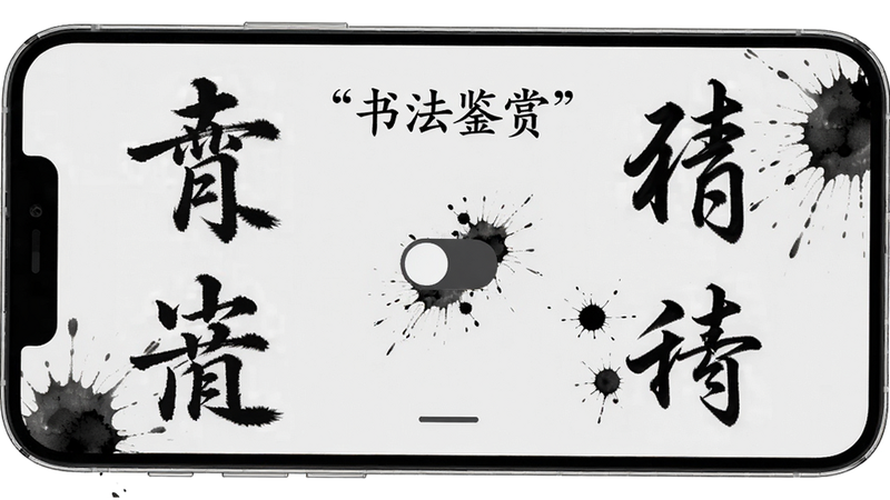 主体为手机屏幕,显示书法字体切换界面,左侧为楷书,右侧为行书,中间有一个切换滑块,背景为浅灰色,布局对称平衡,风格为艺术展示风,细节处有墨迹飞溅效果,画质细腻,干净,无多余元素,文字加引号“书法鉴赏”