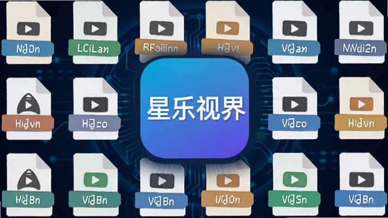星乐视界软件图标与多种视频文件图标环绕,背景为深蓝色科技风,布局中心突出软件名称,排版整齐,风格扁平化,细节展示文件格式标签,画质清晰,无多余装饰