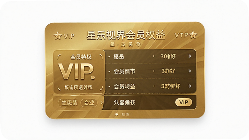 星乐视界会员权益界面展示,主体为金色VIP卡片,布局居中,风格奢华,细节展示会员特权列表,画质高清,干净背景